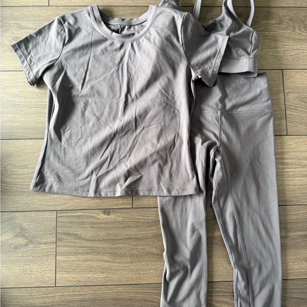 3-Piece Neutral Activewear Set - Taupe Crop Tee, Leggings & Sports Bra